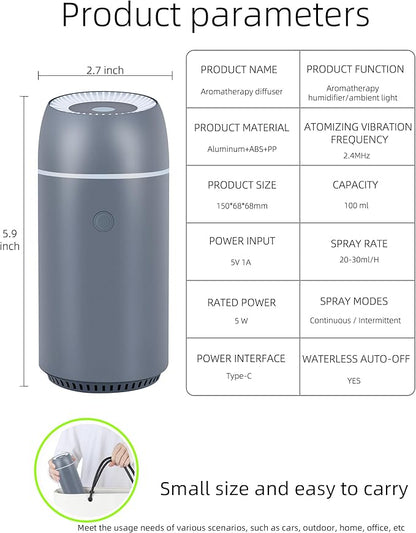 Portable Mini Ultrasonic Essential Oil Diffuser - 100ml USB Aromatherapy Humidifier with 7-Color LED Lights, Upgraded Aluminum Alloy Shell for Home, Office, Bedroom, Car & Small Spaces (Grey)
