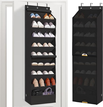 STORAGE MANIAC Over the Door Shoe Organizer with Curtain Dustproof Heavy-Duty Large Deep Pocket Hanging Shoe Organizer for Closet Dorm & Narrow Door Storage Shoe Holder Shoe Rack, 9-Shelf Black 1 Pack