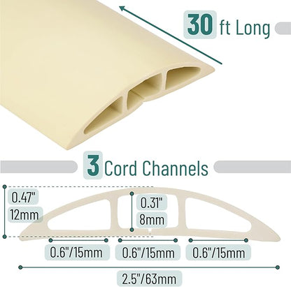 Bates- Floor Cord Cover, 30ft, Cable Cavity 0.6" (W) x 0.31" (H), Heavy Duty Wire Protector, PVC Extension Cords Hider, Protect Cords, Prevent Cable Trips, Cord Hider for Office, Home, Outdoor