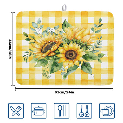 Sunflower Dish Drying Mat 18x24 Inch Absorbent Reversible Summer Sunflower Drying Mat Summer Plaid Dish Drying Rack Mat Yellow Summer Themed Dish Drainer Mat for Kitchen Counter Coffee Bar