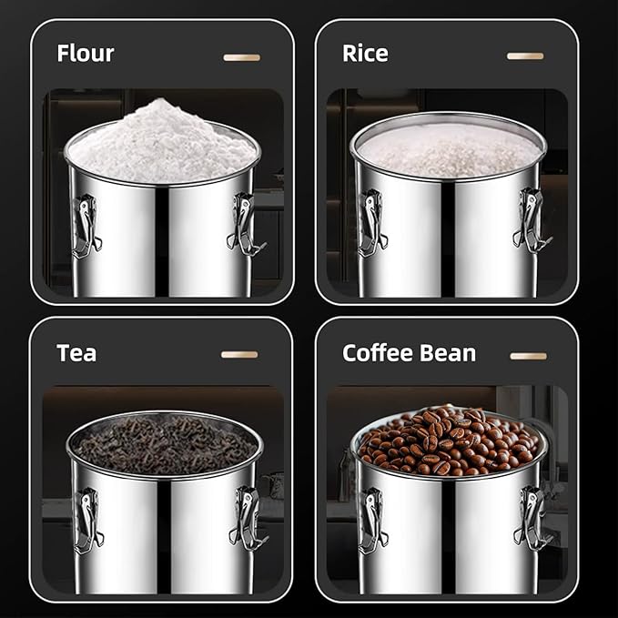 stainless steel food storage containers with lids lock clips airtight container large airtight for rice flour sugar grain coffee bean storage containers Kitchen jar (1.59gal/6L)