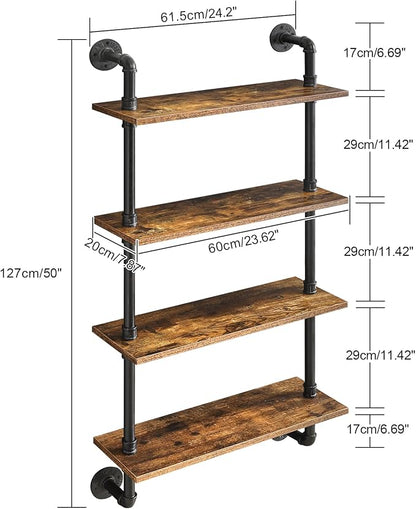 YMYNY Industrial Pipe Shelf Bracket, 4 Tiers Retro Wall Mounted Floating Shelf, Wood DIY Bookshelf, Storage Shelves for Living Room, Bedroom, Office, 24" Farmhouse Bathroom Shelving, UHWS002H