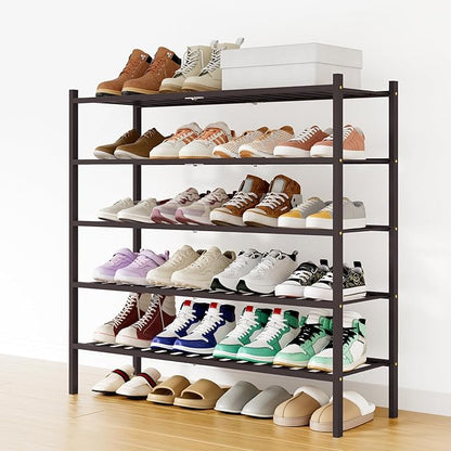 Smiry Long Bamboo Shoe Rack, 5 Tier Free Standing Wooden Shoe Organizer, Stackable Wood Shoe Storage Shelf for Closet, Entryway, 12 Vertical Slats, 2+2+1 Stack Standard Legs, 33.7"x11"x32.5", Brown