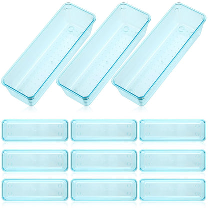 12 Pcs Clear Drawer Organizer 9 x 3 x 2 Inches Plastic Rectangle Trays Makeup Vanity Storage Bins and Kitchen Drawers Dividers for Office Desk Silverware Kitchen Utensils (12 Count)