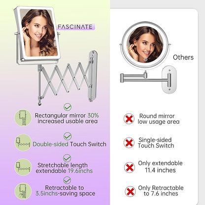 FASCINATE 5000mAh Rechargeable Wall Mounted Makeup Mirror with Lights, 8.7 Inch Double Sided Touch Switch 1X 30X Magnifying Bathroom Mirror, 3 Color Lights Dimmable Extended Arm 360°Rotation (Chrome)