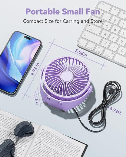 Edvision USB Desk Fan, 5 Inch Mini Portable, 3 Speeds Strong Airflow Personal Desktop, Detachable Cooling Fan 360° Rotation Quiet Small Fan for Desk Home Office Travel Car, Purple, 5ft Cable