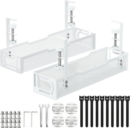 2Pack Under Desk Cable Management Tray, No Drill Mesh Desk Cable Tray, Wire Management Tray Cable Management Rack, Wire Organizer and Cable Management Box (White)