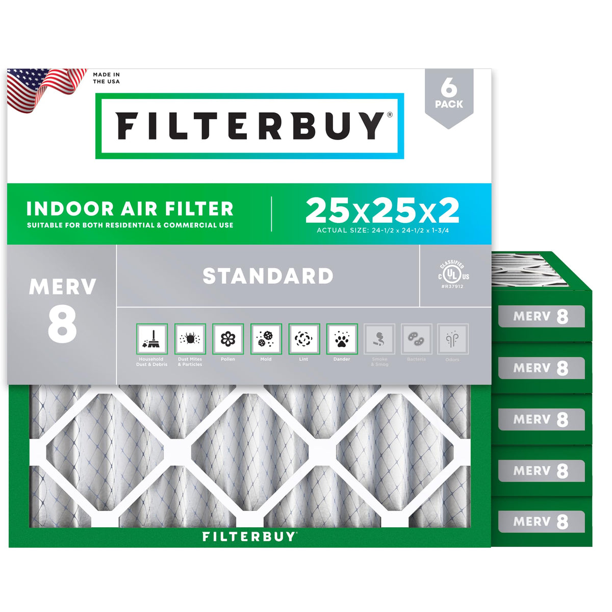 25x25x2 Air Filter MERV 8 Dust & Allergy Defense (6 Count)