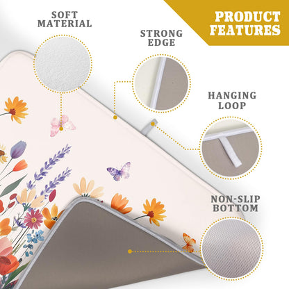 Spring Summer Flowers Dish Drying Mat for Kitchen Counter 18"x24" Colorful Floral Drying Mat Soft Absorbent Microfiber Farmhouse Fluttering Butterfly Dish Drainer Rack Mats for Counter tops