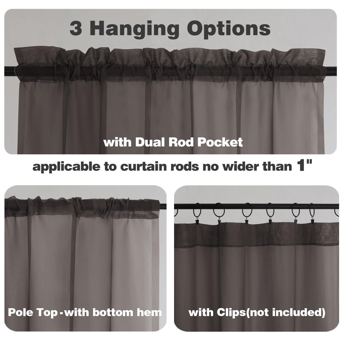 Sheer Chocolate Brown Tier Curtains 24 Inch Length (2 Count)