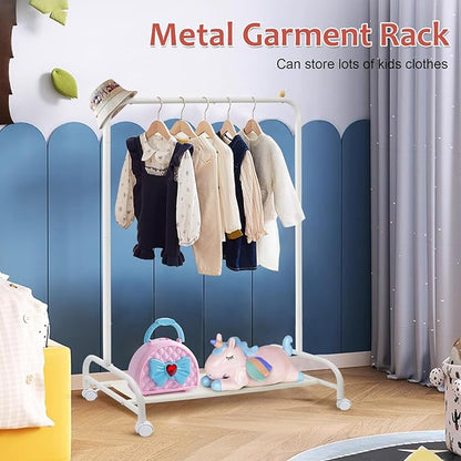 YGJT Kids Clothing Rack, Baby Clothes Racks for Hanging Clothes with Wheels and Bottom Storage Shelf, Small Toddler Garment Rack Kids Dress Up Storage Wardrobe for Coats, Skirts, Dance Costume(White)