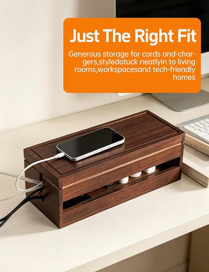 Wood Cable Management Box, Wire Organizer & Cable Hider Box with Lid, Power Strip Protector Boxs for Desk, Floor, Home, Office & Extension Leads – Decorative Cord Organizer