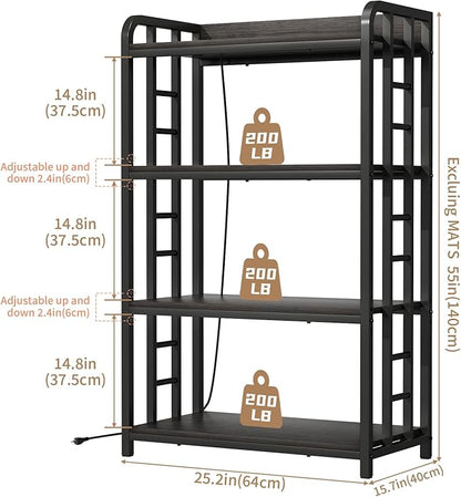 Adjustable Bakers Rack with Power Outlet, 4 Tier Microwave Oven Stand, Heavy Duty Kitchen Storage Rack for Garage Dining Room, Black