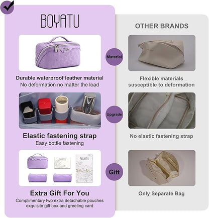 BOYATU Travel Makeup Bag for Women: Cosmetic Organizer Bag with Compartments - Leather Make up Bags Set of 3 (G-1-Purple)