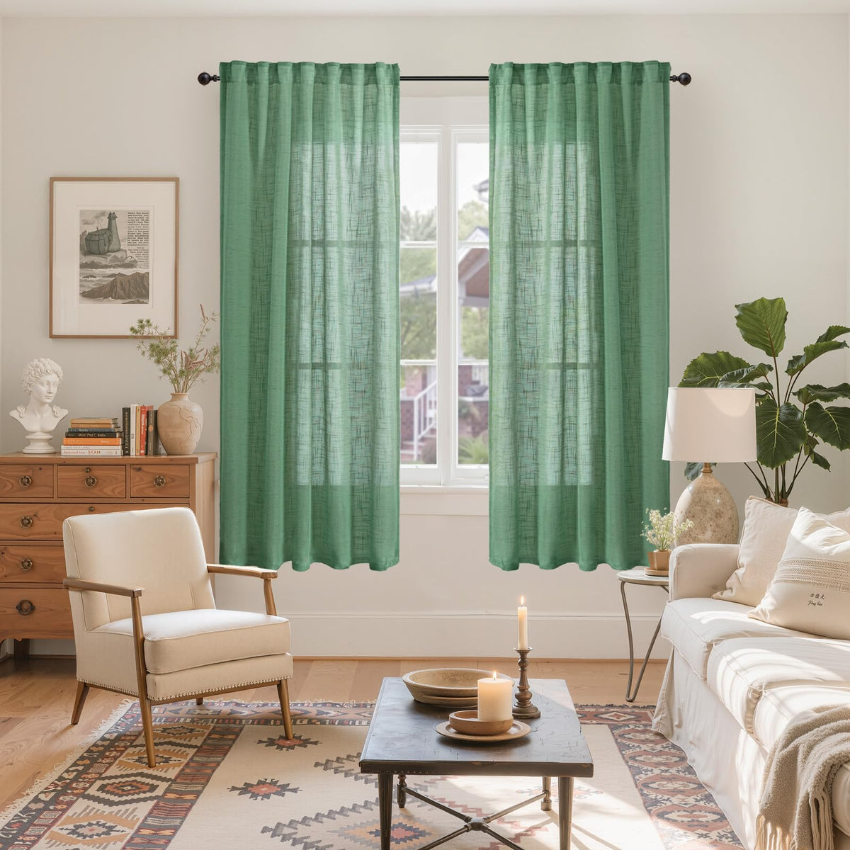 Green Linen Semi Sheer Curtains 63 Inch Length (2 Count)