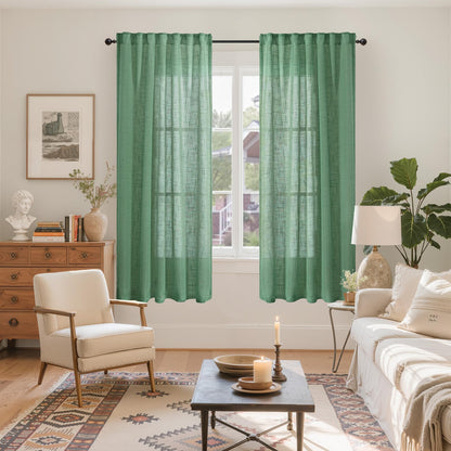 Green Linen Semi Sheer Curtains 63 Inch Length (2 Count)