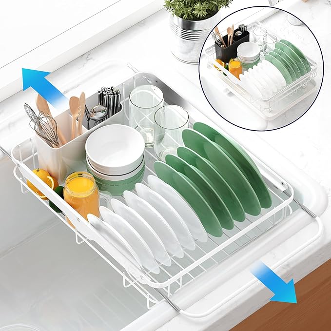 Kitsure Dish Drying Rack for Kitchen Counter, Stainless Steel Sink Organization and Storage Essentials with Cutlery Holder, Home and Appartment Decor, 12.2''W x 15.7''~23''L, White