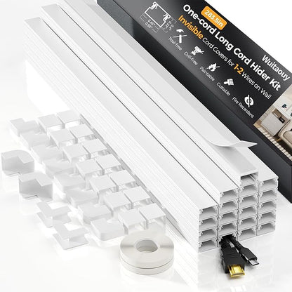 Cord Hider, 283.5in Cord Covers for 1-2 Wires on Wall, Paintable Wire Hider Wire Covers for Cords on Walls, Easy Set-up Cable Hider Cable Raceway to Hide Wires along Wall, W0.59 H0.4in, White