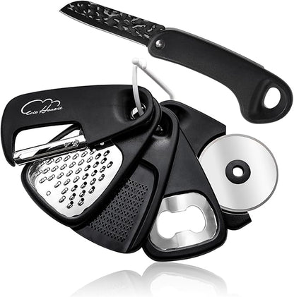 Kitchen Gadgets Set 6 Piece, Space Saving Kitchen Utensils Stainless Steel Accessories Cheese Grater, Bottle Opener, Pizza Cutter, Vegetable Peeler, Paring Knife, Garlic Grinder, Burlap Bag Gift(BLK)