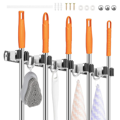 2 Pack Broom Holder Wall Mount 5 Racks 4 Hooks Stainless Steel Broom Mop Holder Anti Slip Storage Rack Strong Load Bearing Waterproof Broom and Mop Organizer Wall Hanging for Bathroom Kitchen Garage (2 Count)