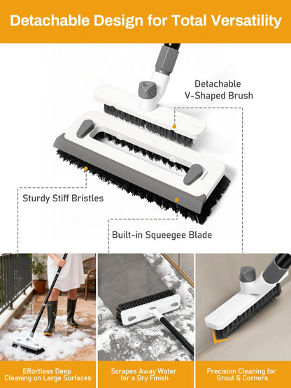 3 in 1 Floor Scrub Brush with Long Handle 55" Push Broom Stiff Bristle Scrubber Brush Squeegee Scrape & Detachable V