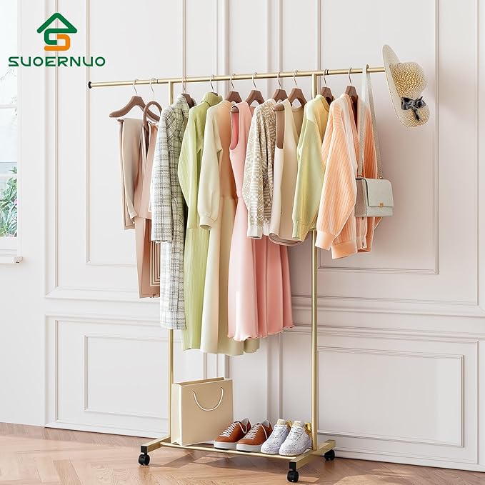 SUOERNUO Clothes Rack with Wheels Rolling Clothing Rack for Hanging Clothes, Portable Metal Garment Rack for Bedroom Laundry Living Room (Gold, 59.05"*15.75"*59.45")