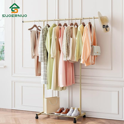 SUOERNUO Clothes Rack with Wheels Rolling Clothing Rack for Hanging Clothes, Portable Metal Garment Rack for Bedroom Laundry Living Room (Gold, 59.05"*15.75"*59.45")