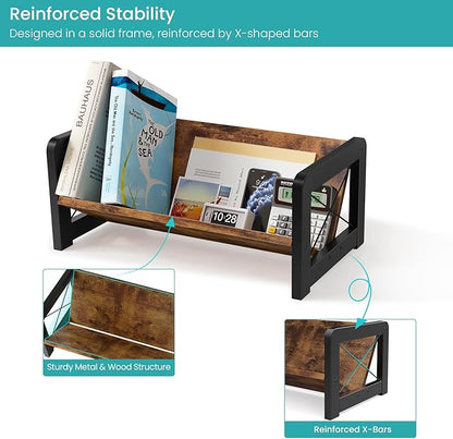 ELITEROO Desktop Bookshelf Organizer, Wood Slanted Desk Bookshelf, Small Tabletop Book Rack, Portable Mini Bookcase for Book Display, Cookbooks, Kids Reading, Office & Home Storage, Rustic Brown