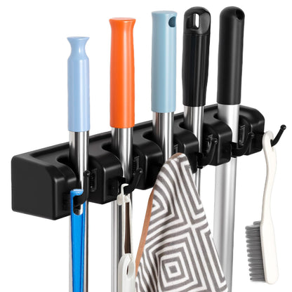 Wall Mount Broom Holder 5 Slots 6 Hooks Mop Organizer Rack