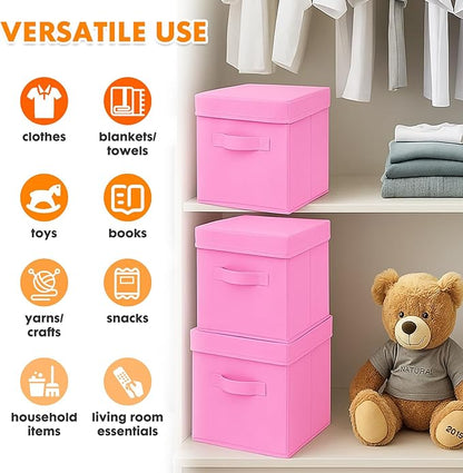 ShellKingdom Storage Bins, Foldable Fabric Storage Cubes with Lid, Clothes Storage Organizer Drawer For Closet Toys Storage, 13 X 13 X 13 INCH, 2 Pack (Pink)