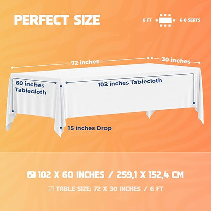 WEALUXE White Table Cloth for 6 Foot Rectangle Tables, 60x102 inches, Water, Stain and Wrinkle Resistant, 200 GSM Washable Poly Fabric Tablecloth Rectangular, Elegant and Durable