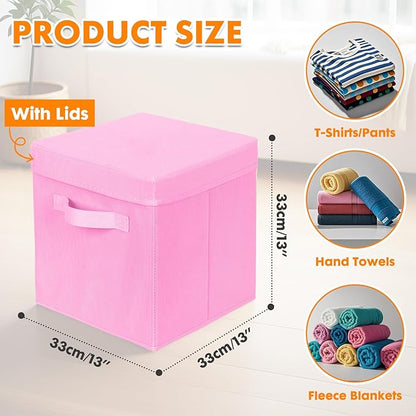 ShellKingdom Storage Bins, Foldable Fabric Storage Cubes with Lid, Clothes Storage Organizer Drawer For Closet Toys Storage, 13 X 13 X 13 INCH, 2 Pack (Pink)