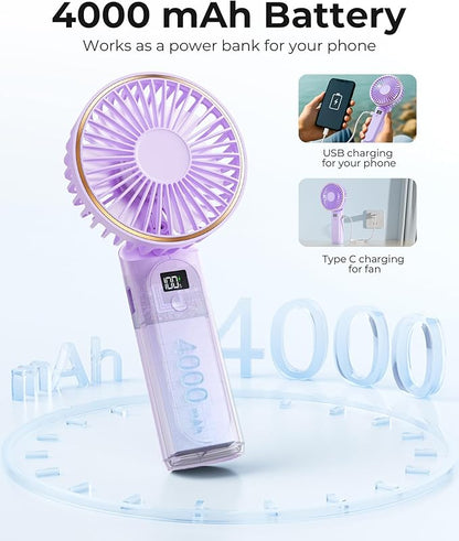 TUNISE Portable Handheld Fan, 4000mAh, 180 Adjustable, 6 Speed Wind, USB Rechargeable Foldable Fan with Real-Time Electricity Display