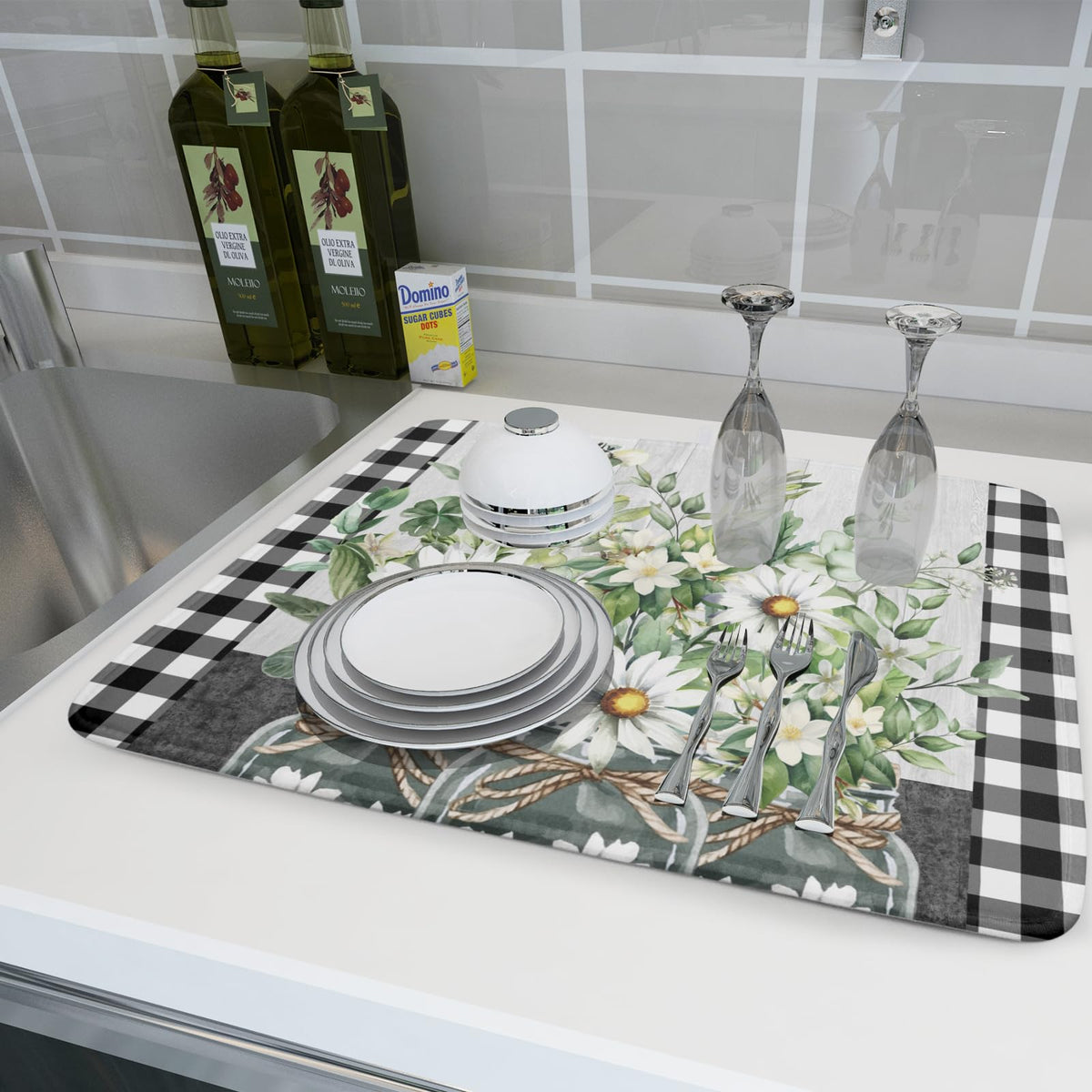 Daisy Floral Dish Drying Mat for Kitchen Counter Watercolor Flowers Absorbent Dishes Drainer Rack Mat 18x24 Inch Microfiber Dish Drying Pads Spring Kitchen Drying Dishes Pad Countertops