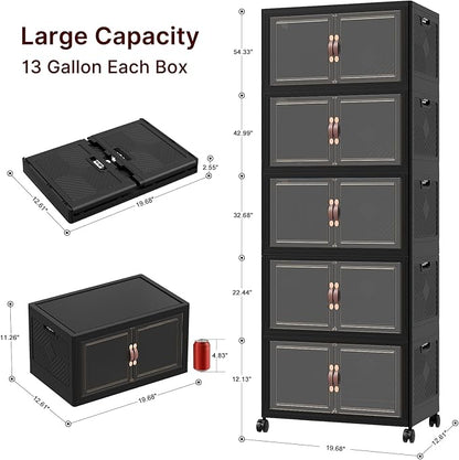 UAMFURI Stackable Storage Bins with Lids, 240QT Closet Organizers, Lockable Storage Cabinet，Foldable Storage Box with Doors and Wheels, Plastic Drawers for Home, Garage, Office (5, Black, Medium)