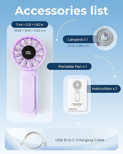Peiyuu Portable Fan, 4000mAh USB Rechargeable, 180° Foldable Mini Desk Fan, 6 Wind Speed, LCD Digital Display, Lanyard as Neck Fan, Ultra Quiet, Pocket Size for Indoor Outdoor