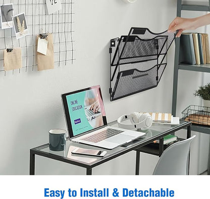BOHDK Wall File Organizer 3 Pockets, Mail Organizer, Hanging Folder Holder, Foldable | Hanging or Wall Mounted | Label Panel | 2 Hooks | Office Home School Organizer, Black
