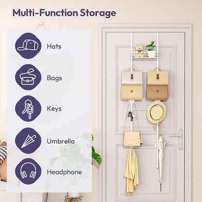SWTYMIKI Over the Door Purse Organizer - Wall Mounted Handbag Organizer with 16 Hooks and Metal Basket, Hanging Purse Storage Rack Holds up to 16 Bags, Bag Rack Can Use As 1/2 Part, for Door, Closet