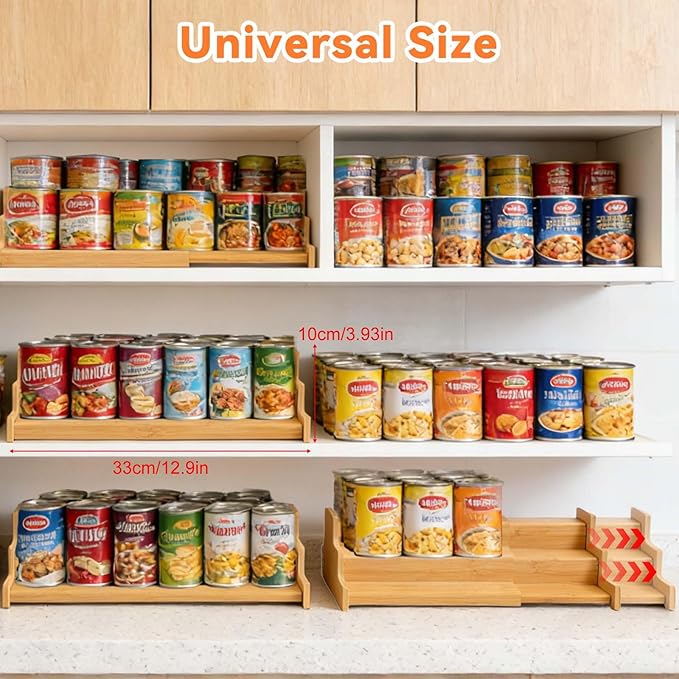 Expandable Bamboo Can Organizer for Pantry AdjustableStackable Can Rack Organizer for Kitchen CabinetCountertop Food Storage Organizer for Cans Jars & SpiceBottles (15.74 * 7.28 * 3.93in)