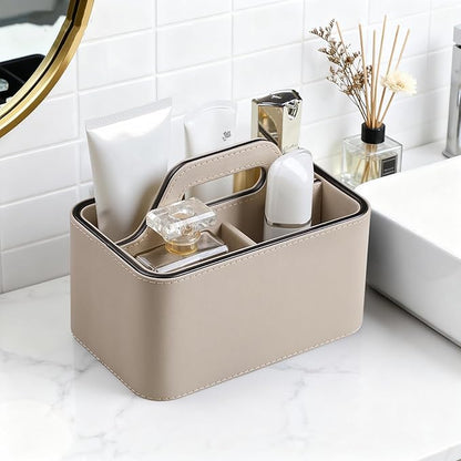 Caddy Organizer with Handle, PU Leather Remote Control Holder Desk Caddy, Portable Makeup Remote Organizer for Table, Nightstand, Office (Beige)