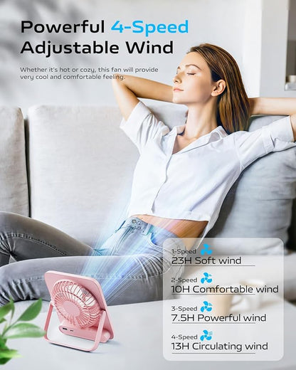 Otlonpe Portable Desk Fan 6.5 Inch, 4000mAh Rechargeable Battery Operated & USB Powered, 23Hrs Cordless Small Personal Fan 4-Speed Quiet for Office Travel Home Sleeping, Led Display, Foldable (Pink)