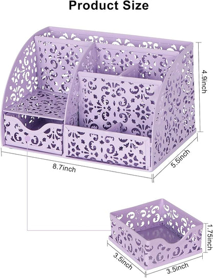 EasyPAG Pen Holder Desk Organizer with Drawer Pencil Cup for Desk 6 Compartments Metal Office Caddy Storage with Sticky Notes Holder for School Home Office, Purple