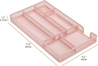 Annova Desk Drawer Organizer Tray for Office Organization - Metal Mesh - Storage Tray with Dividers for Pens, Desktop Accessories, Bathroom, Kitchen, Makeup and Office Supplies (Small, Light Pink)