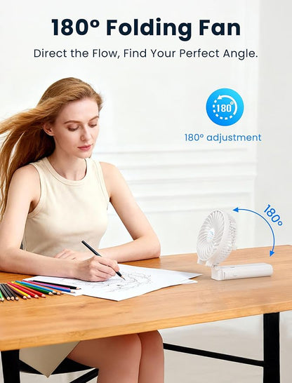 HandFan 5200mAh Portable Handheld Fan - 3 Speeds, 180° Foldable, Rechargeable Personal Cooling Fan, 20H Long Runtime for Travel, Disney, Games, Park, Concerts, Summer & Outdoor Use (White)