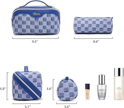 BOYATU Travel Makeup Bag for Women: Large Cosmetic Bag Set of 3 - PU Leather Make up Bag with Compartments - Compact Waterproof Toiletry Bag with Divider & Handle (D-1-Blue)