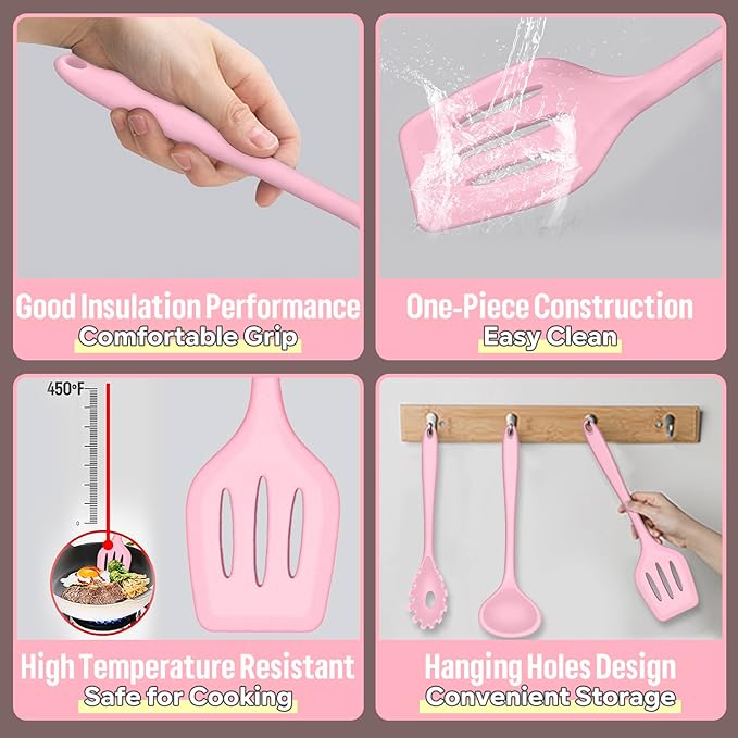 E-far Silicone Cooking Utensils Set, 7-Piece Pink Heat Resistant Kitchen Utensils Set, Kitchen Nonstick Tools Spatula Ladle Spoon Pasta Server for Non-stick Cookware, Non-Toxic & Dishwasher safe
