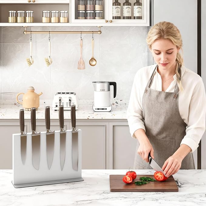 THMINS White Magnetic Knife Block Stainless Steel Double-Sided Magnetic Knife Holder, Universal Multi-function Display Rack for Kitchen Counter