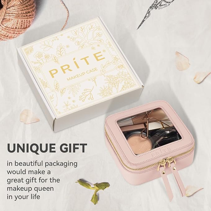 Prite Small Makeup Bag for Women Portable Clear Makeup Bag Cute Mini Waterproof Travel Cosmetic Bag with Gold Zipper for Car Essentials(Pearlescent Pink)