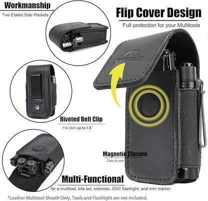 Topstache Leather Multitool Sheath with Belt Clip - EDC Multi Tool Holster for Folding Tool - Leather EDC Holster Pouch Belt Organizer - Magnetic Closure Multitool Case Sheath, M,Black