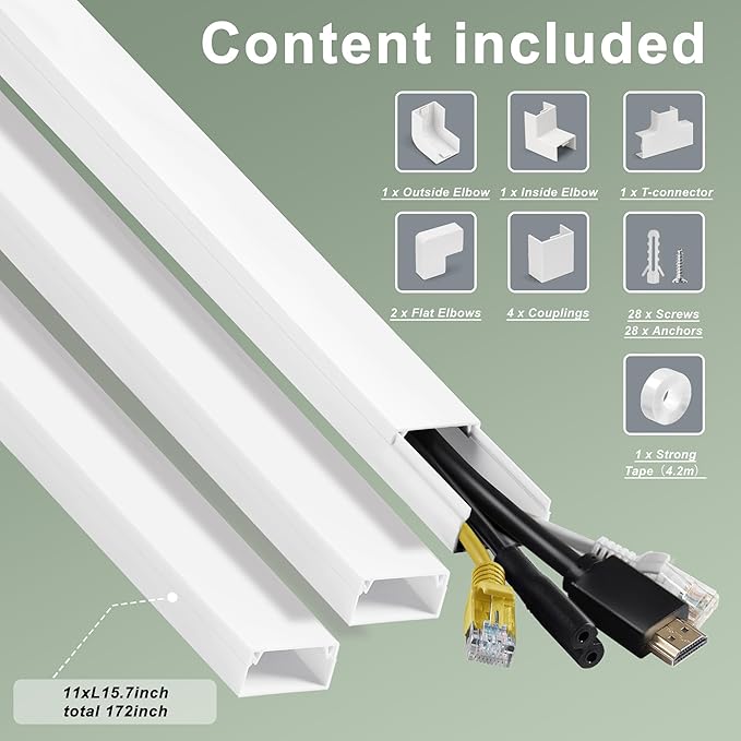 Wall Cable Hider to 3-4 Wires, LZEOY 172in Cord Hider for Wall Mount TV, White Cord Covers for Wires on Wall, Wall Cord Cover Wire Covers for Cords, Large Cable Management Kit 11xL15.7in W1.18inH0.6in